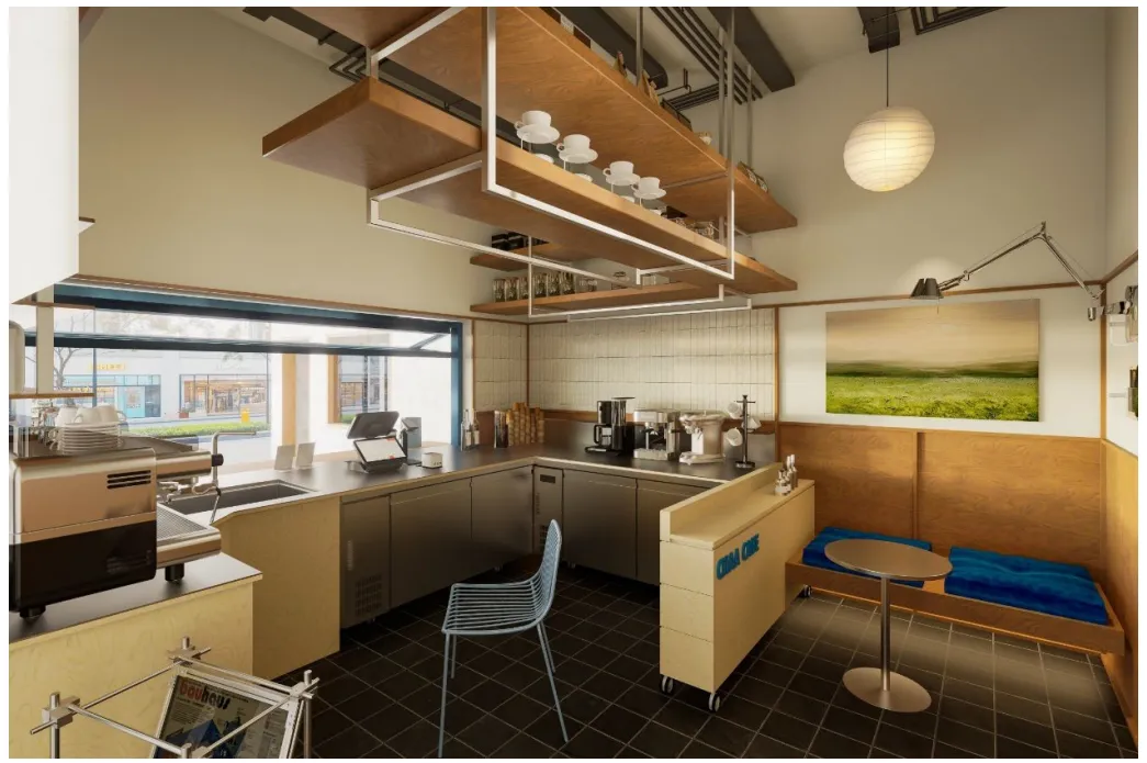 Chaa Café final interior visualisation with built-in seating and a continuous material palette