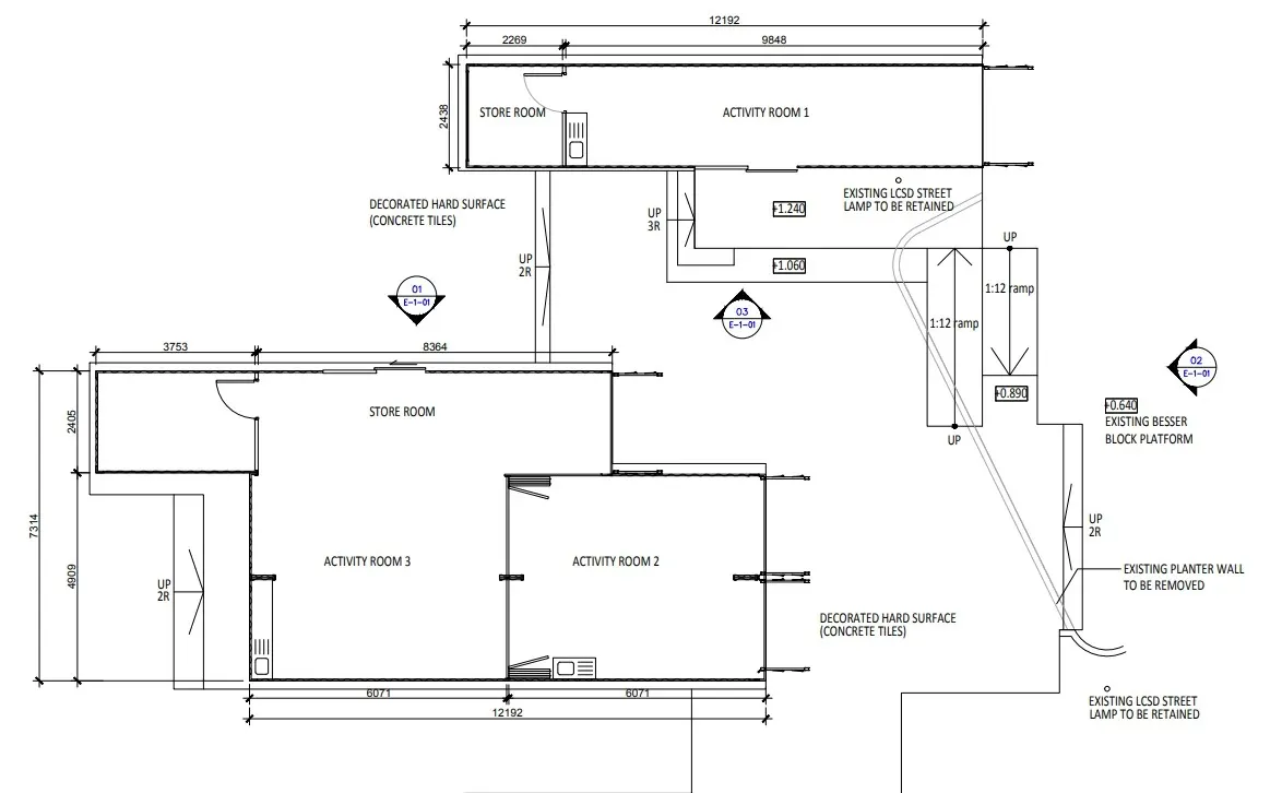 Phase 3 floor plan with three activity rooms, storage and accessible ramp