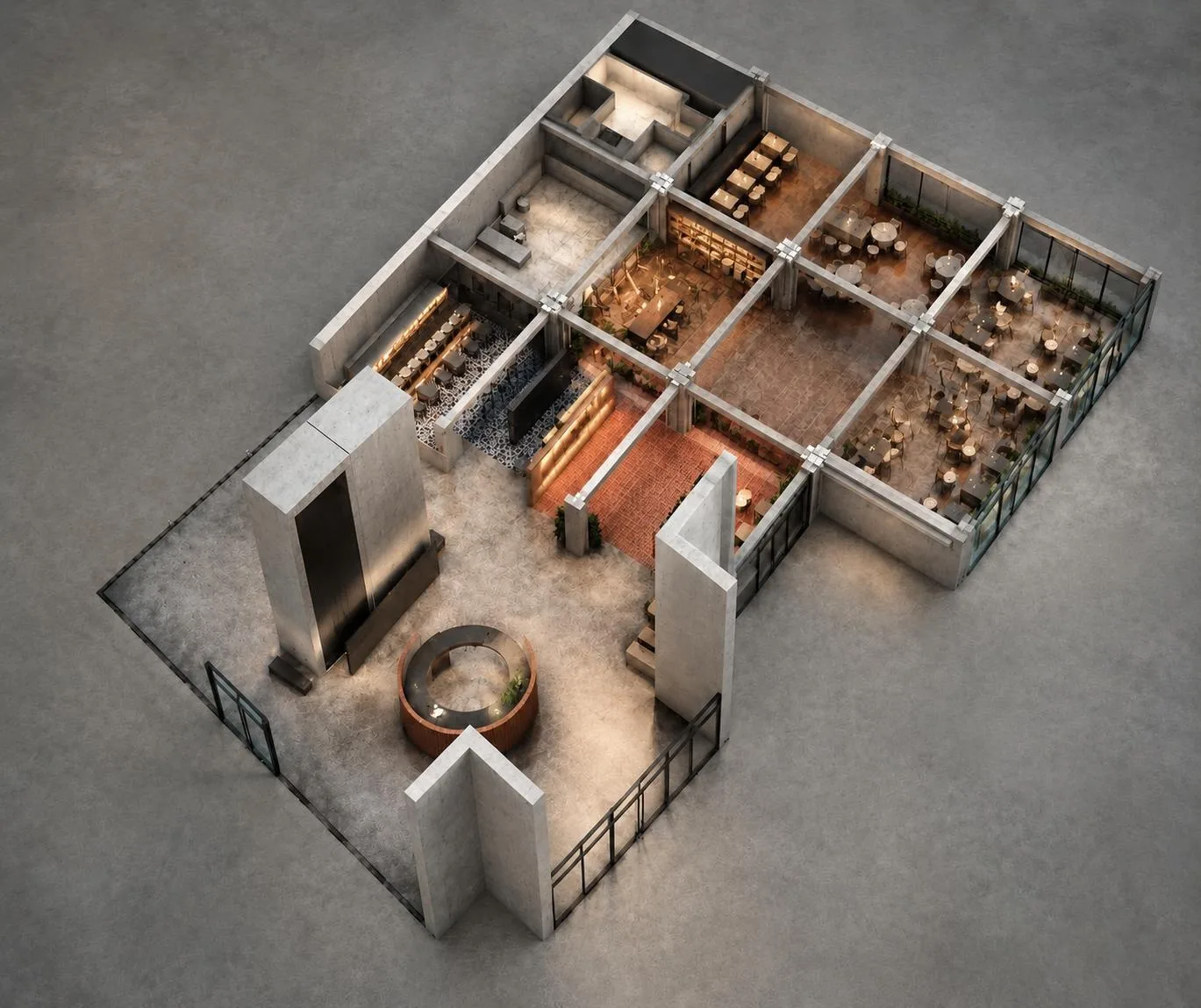 Audited EmergentAI hotel lobby proposal organised by the structural grid