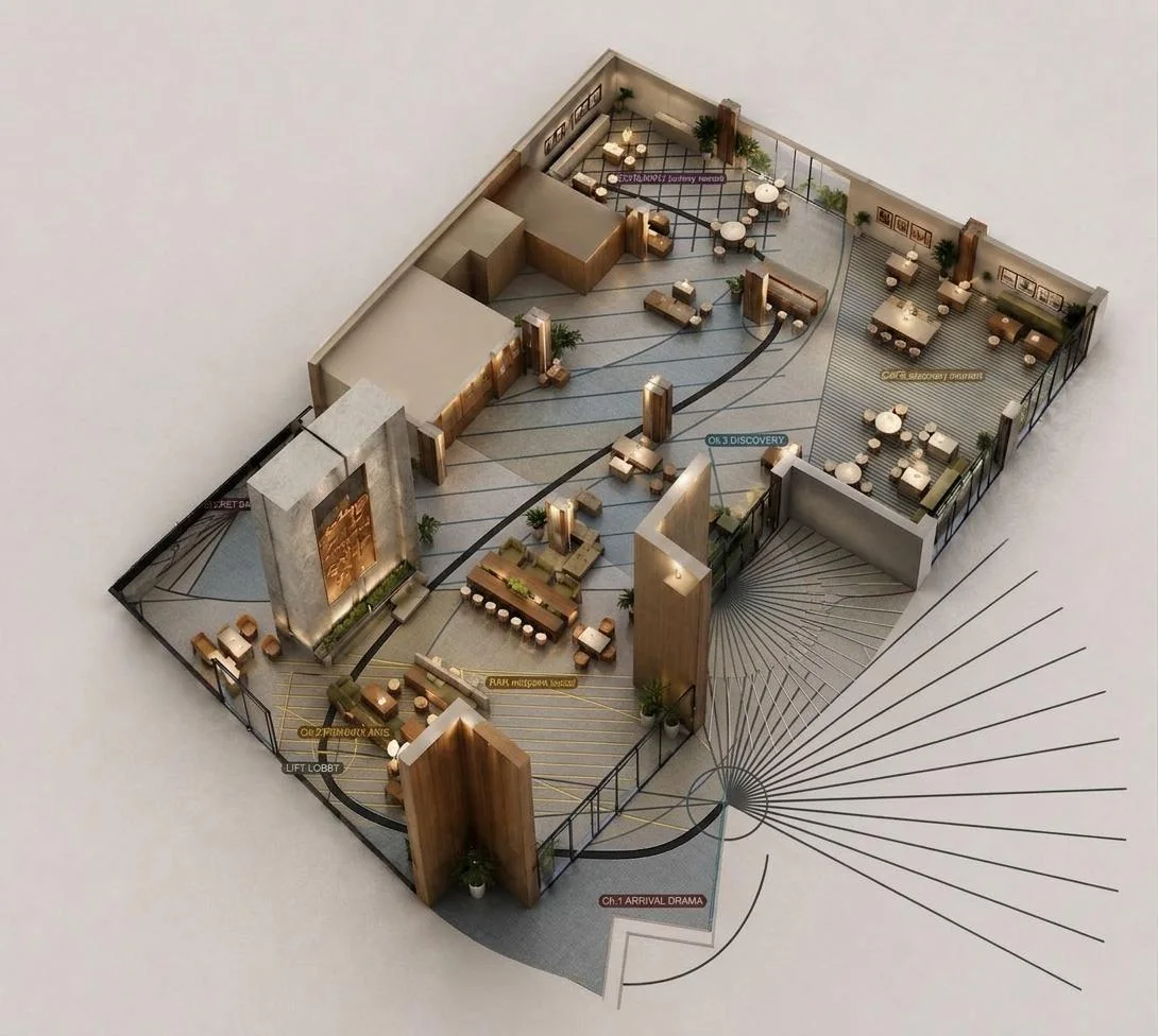 Audited EmergentAI hotel lobby proposal with a curved, staged journey