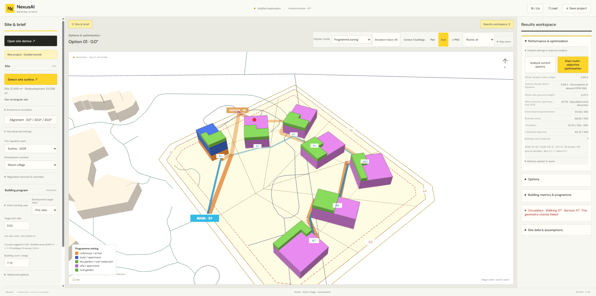 NexusAI workspace showing a resort massing proposal, programme zoning and performance analysis